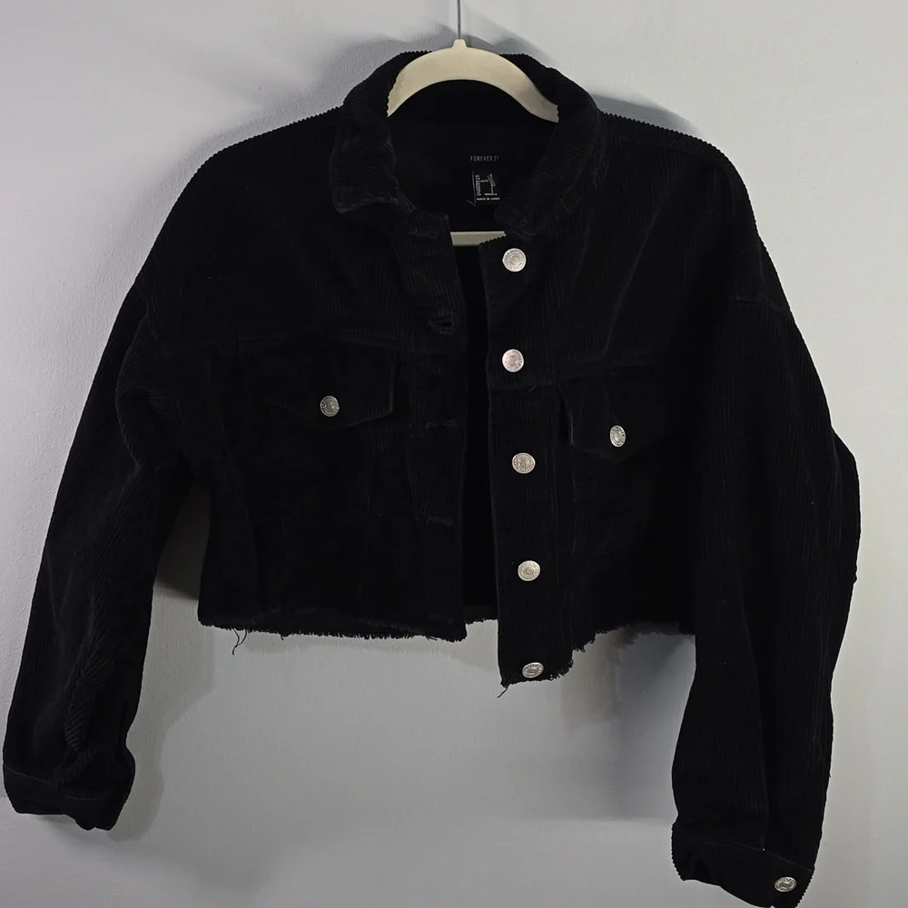 Forever 21 Black Ribbed Corduroy Crop Jacket Button Up Women's Size Small Black7